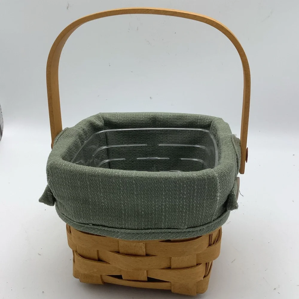 2005 Longaberger Square Handled Basket with Green Fabric and Plastic Liners